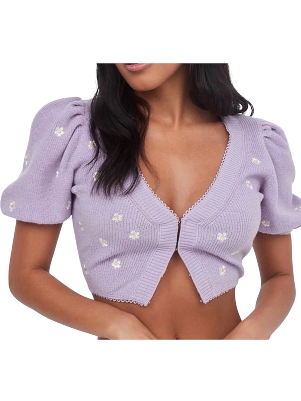 For Love & Lemons Daisy Embroidered Cropped Cardigan Sweater Puff Sleeve Purple